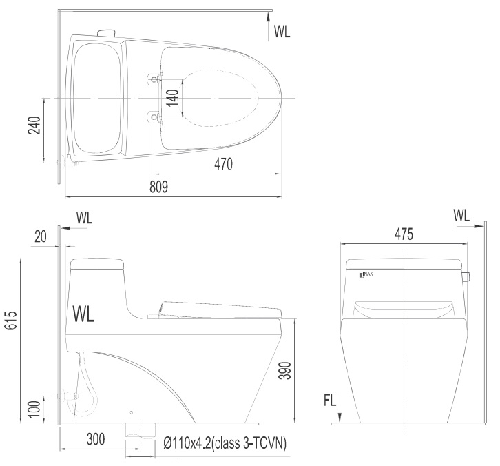 Bản vẽ b&ocirc;̀n c&acirc;̀u Inax AC-1135VN - Xí b&ecirc;̣t bàn c&acirc;̀u v&ecirc;̣ sinh 1 kh&ocirc;́i
