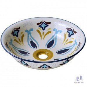 Chậu Rửa Mặt Lavabo Kanly Vẽ Hoa Văn Thủ Công SU403 Đặt Bàn Sứ Mỹ Thuật 415x125 mm